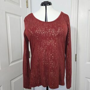 a.n.a. Maroon Foil Long Sleeve Top Women's Large Party Shimmer Glam Valentine's